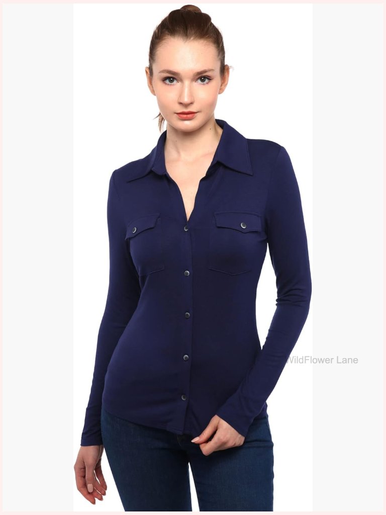 Women Collar Button Up Long Sleeve Blouse Shirt